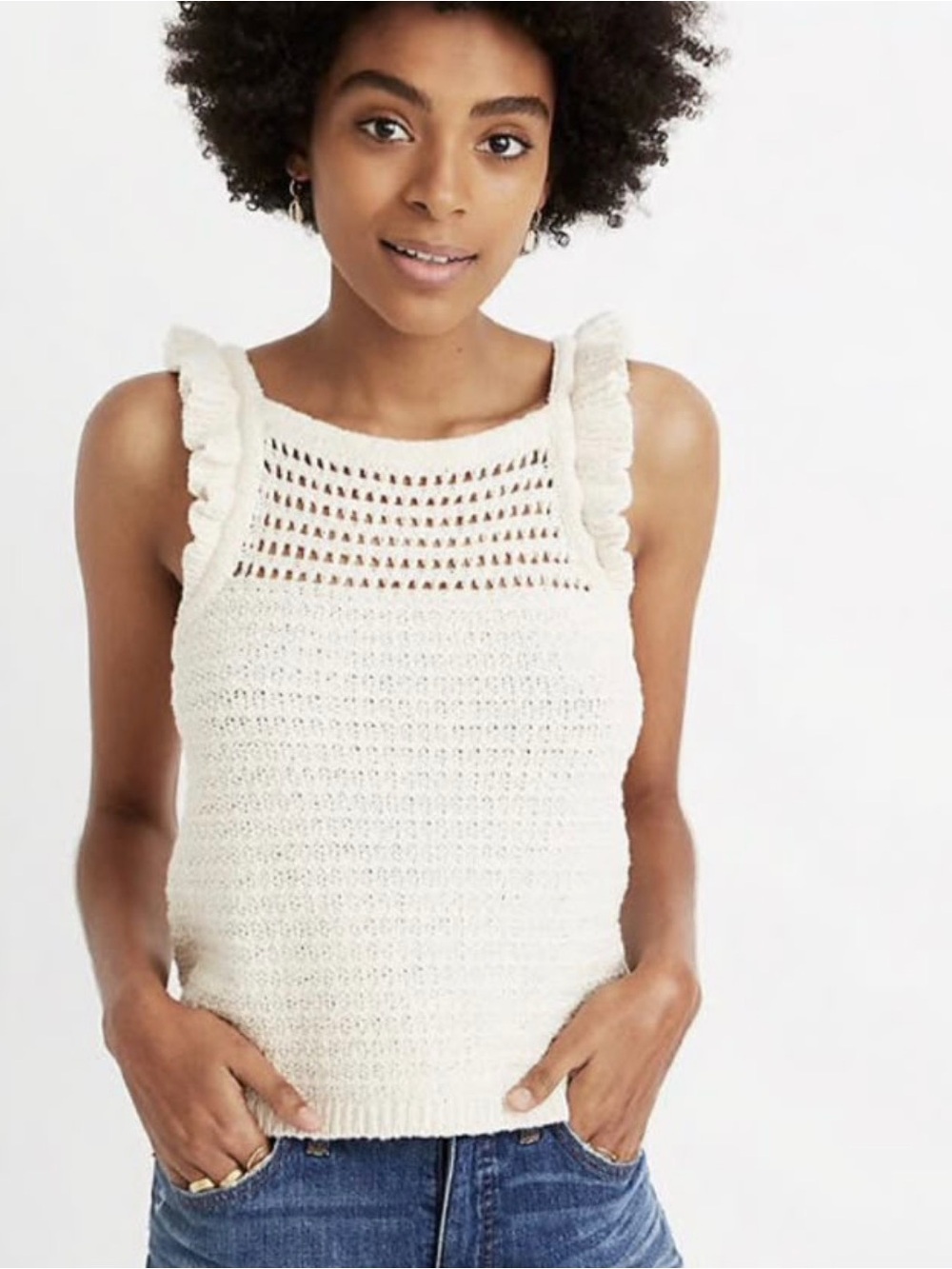Madewell Crochet Ruffle-Shoulder Tank Top - Cream